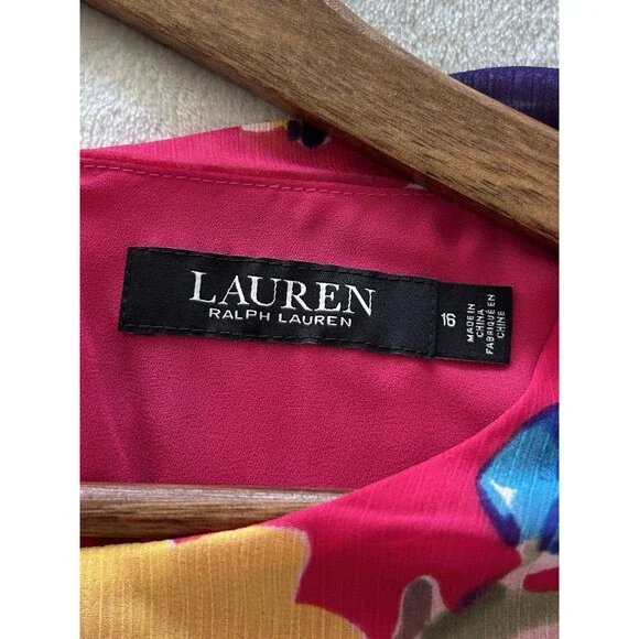 Ralph Lauren Womens 16 Pink Floral Dress Flowy Ruffle Hem Sleeveless Gerogette - Picture 10 of 14